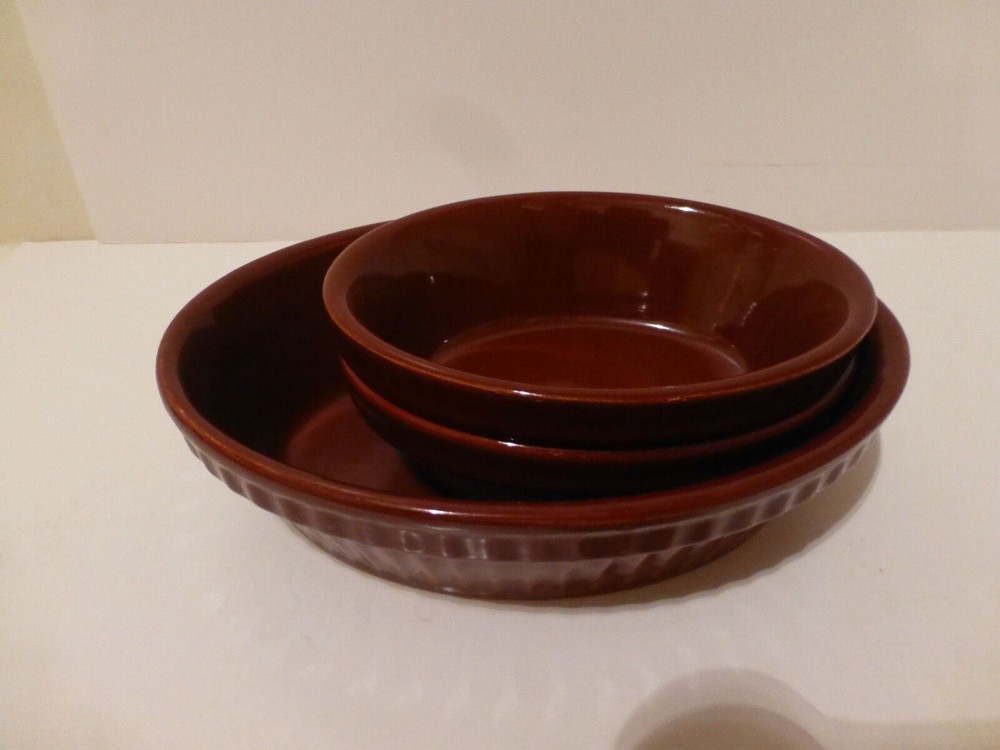 Brown Stoneware (3) Baking Custard Ramekin Dishes England   (S5