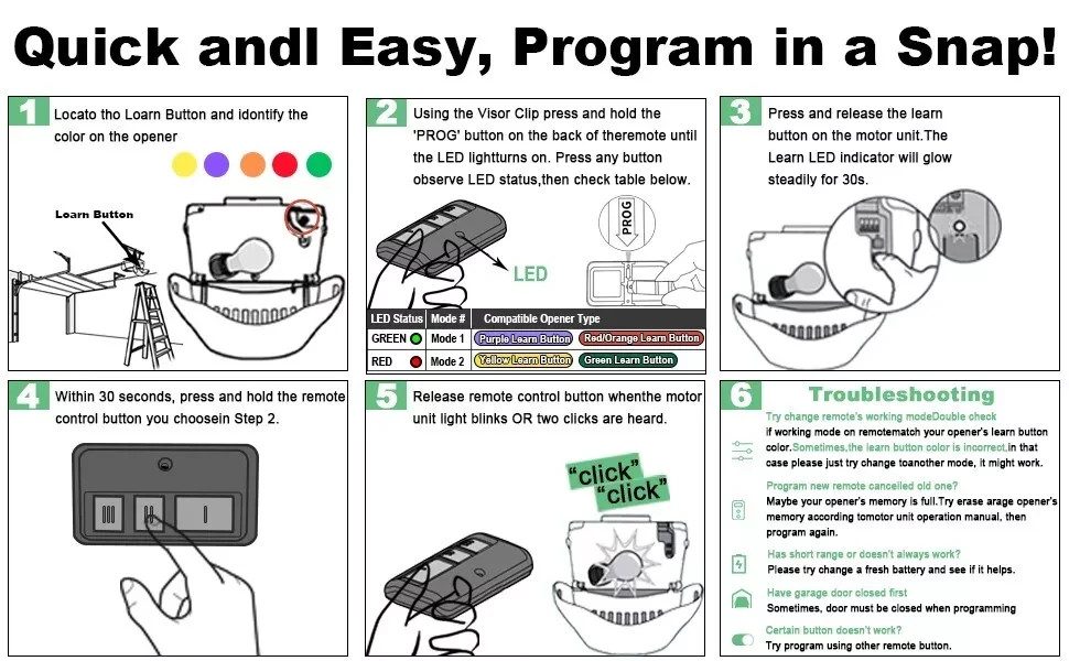 4PCS Remotes for 893MAX Liftmaster Visor 5color learning Button