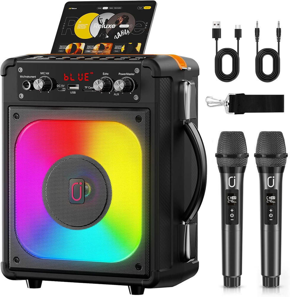 Karaoke Machine, Portable Bluetooth Speaker with 2 Wireless Microphones for Adul