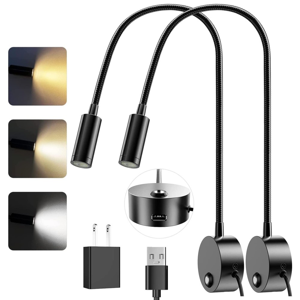Wall Mounted LED Reading Light with 15" Flexible Gooseneck, Dimmable Book Lig...