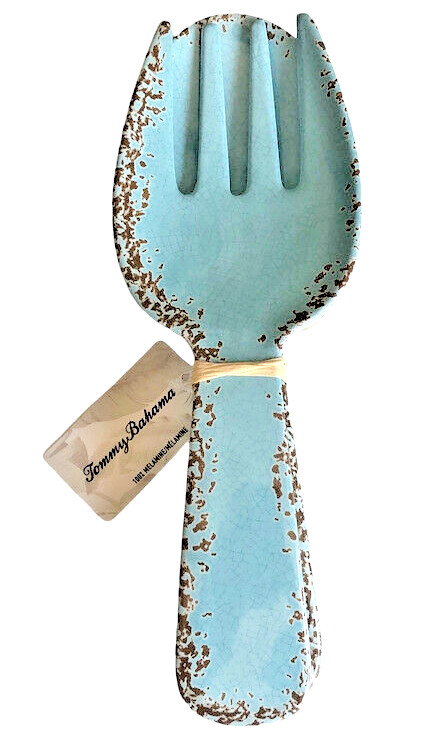 Tommy Bahama Speckled Salad Server Set Serving Spoon Fork Light Blue Rustic 11"