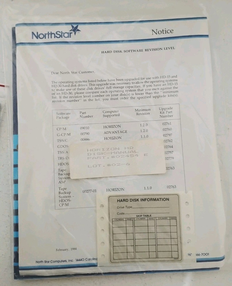 NorthStar HDOS Hard Disk Operating System Kit 2.2.0H Manual + System Diskette