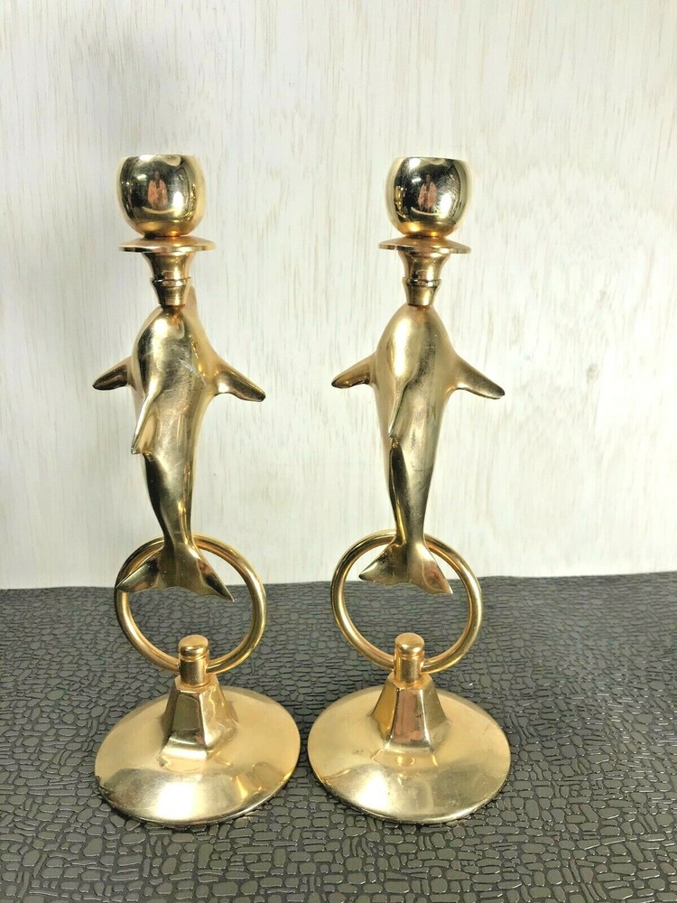 Set of 2 Solid Brass Dolphin Candle Holders *