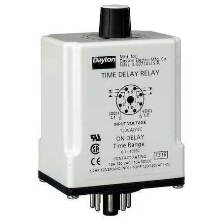 Dayton 24Ep08 Single Function Time Delay Relay, Octal, On Delay, 1 Functions