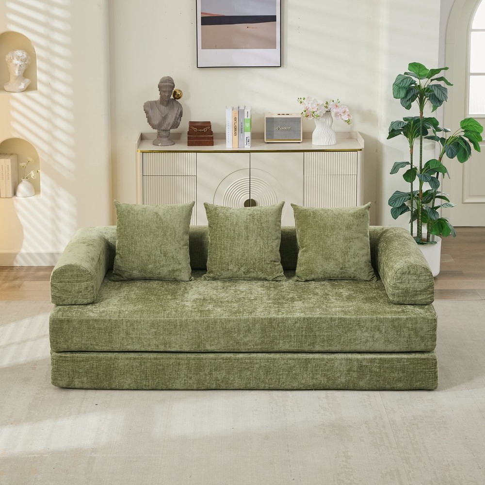 Multi-Functional Floor Sofa Convertible Folding Chenille Bed Sofa Couch Green