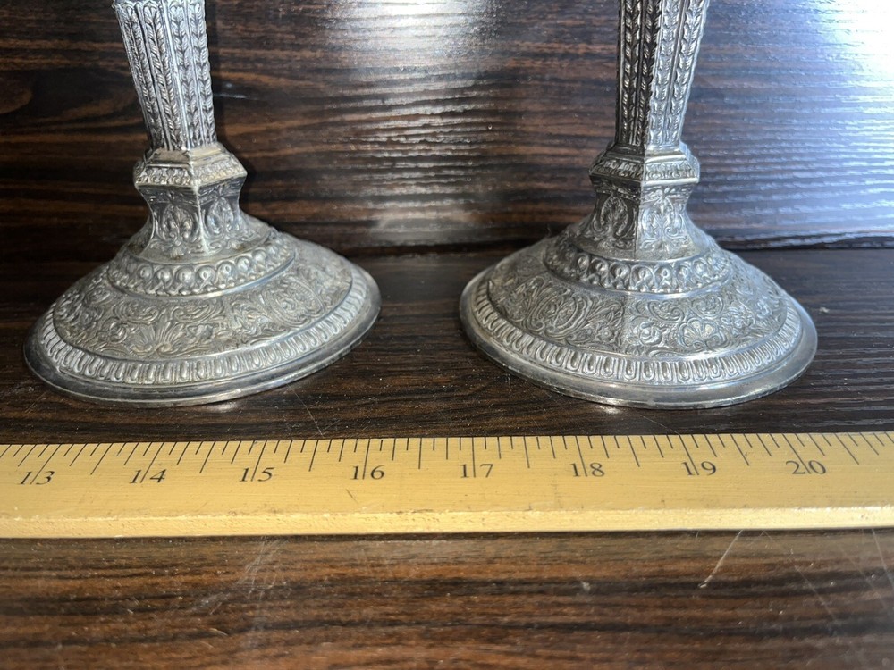 Pair 19th C. Derby Silver Plate 11.75" Candlesticks, Embossed Decoration, #2547