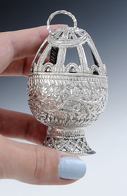 Great Antique Pair Silver Openwork Egg-Form Baskets - India? c1870s