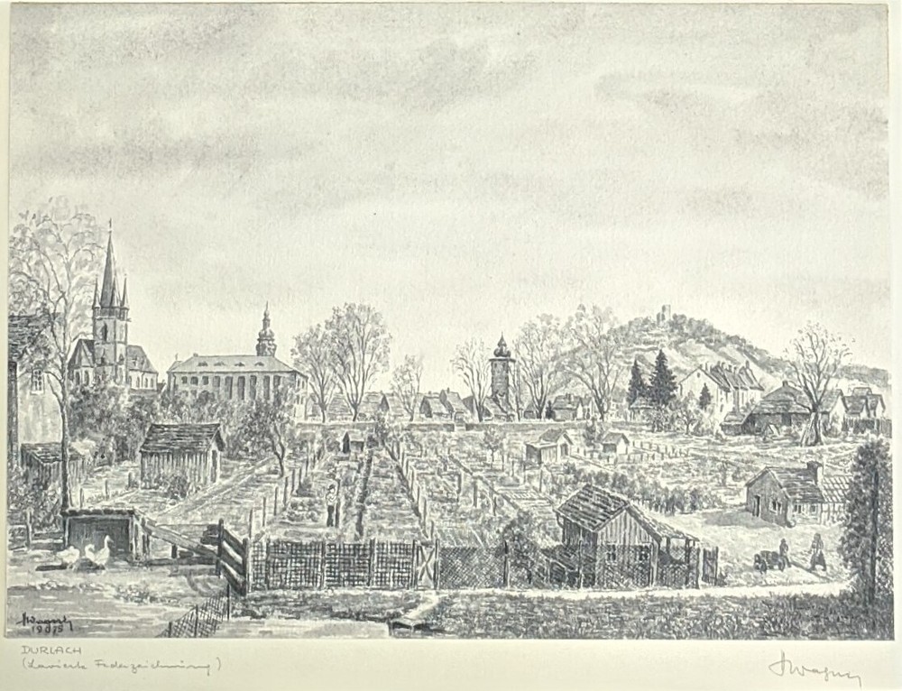 Hans Wagner, Durlach, pen drawing, signed, titled, 1975