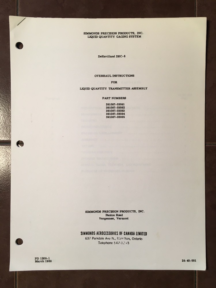 Simmonds Precision Liquid Quantity Transmitter 391087 Series Overhaul Manual