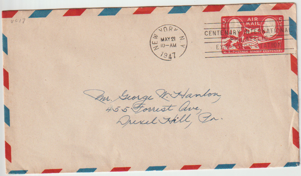 US Scott #UC17 FDC 5c Centenary Airmail Entire/Envelope 1947