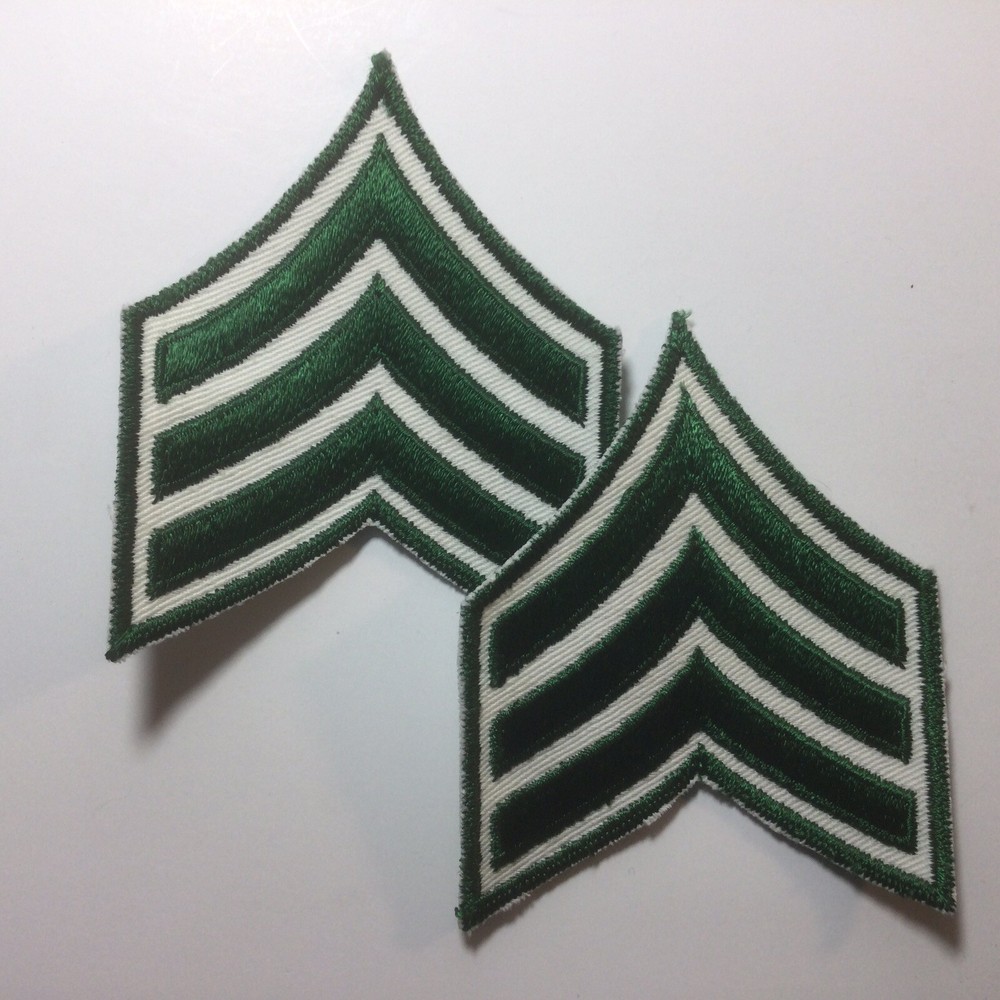 (2) Sergeant Chevron - 3 FOREST GREEN Stripes on White Twill Patch -Green Border