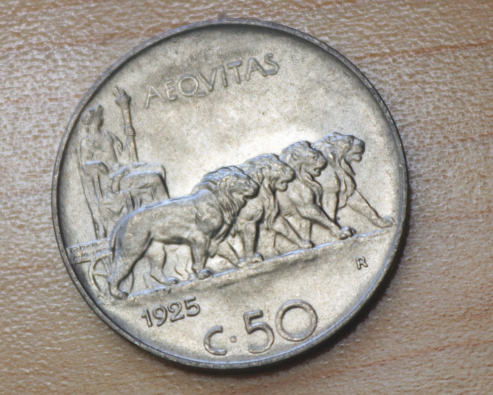 1925 Italy 50 Centesimi Plain Edge Unc.