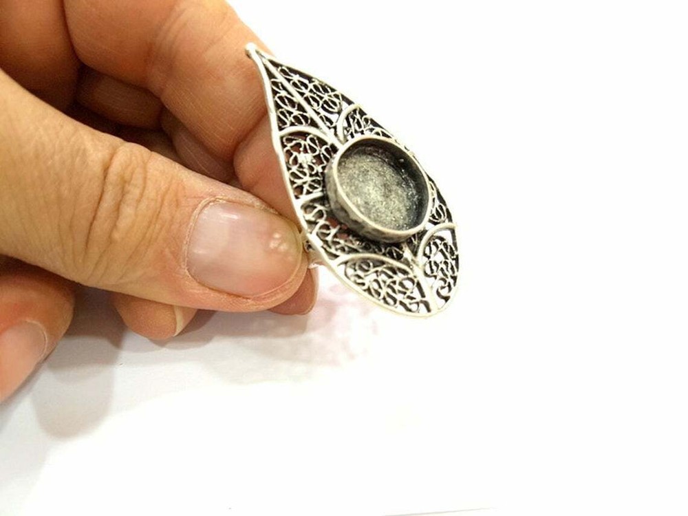 Leaf Adjustable Ring Round Blank Antique Silver Plated Brass G6718