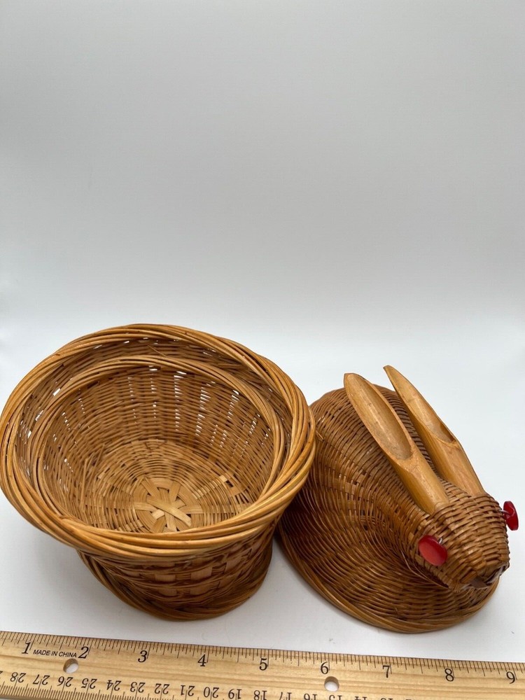 Small Bamboo Bunny Rabbit Basket With Button Eyes