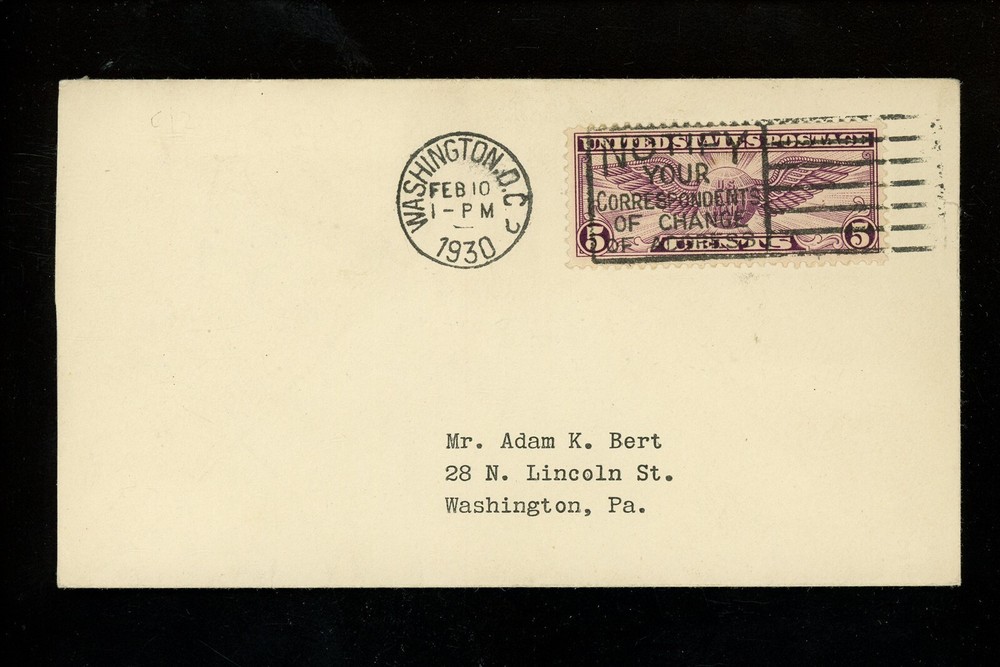 US FDC #C12 None / Adam Bert NIM 1930 Washington DC Winged Globe Flat Press