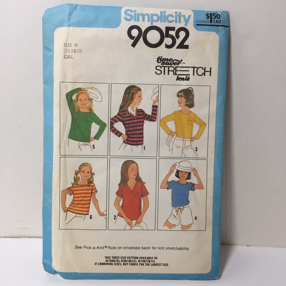 Simplicity 9052 Size 7 8 10 Girls' Pullover Tops Stretch Knit