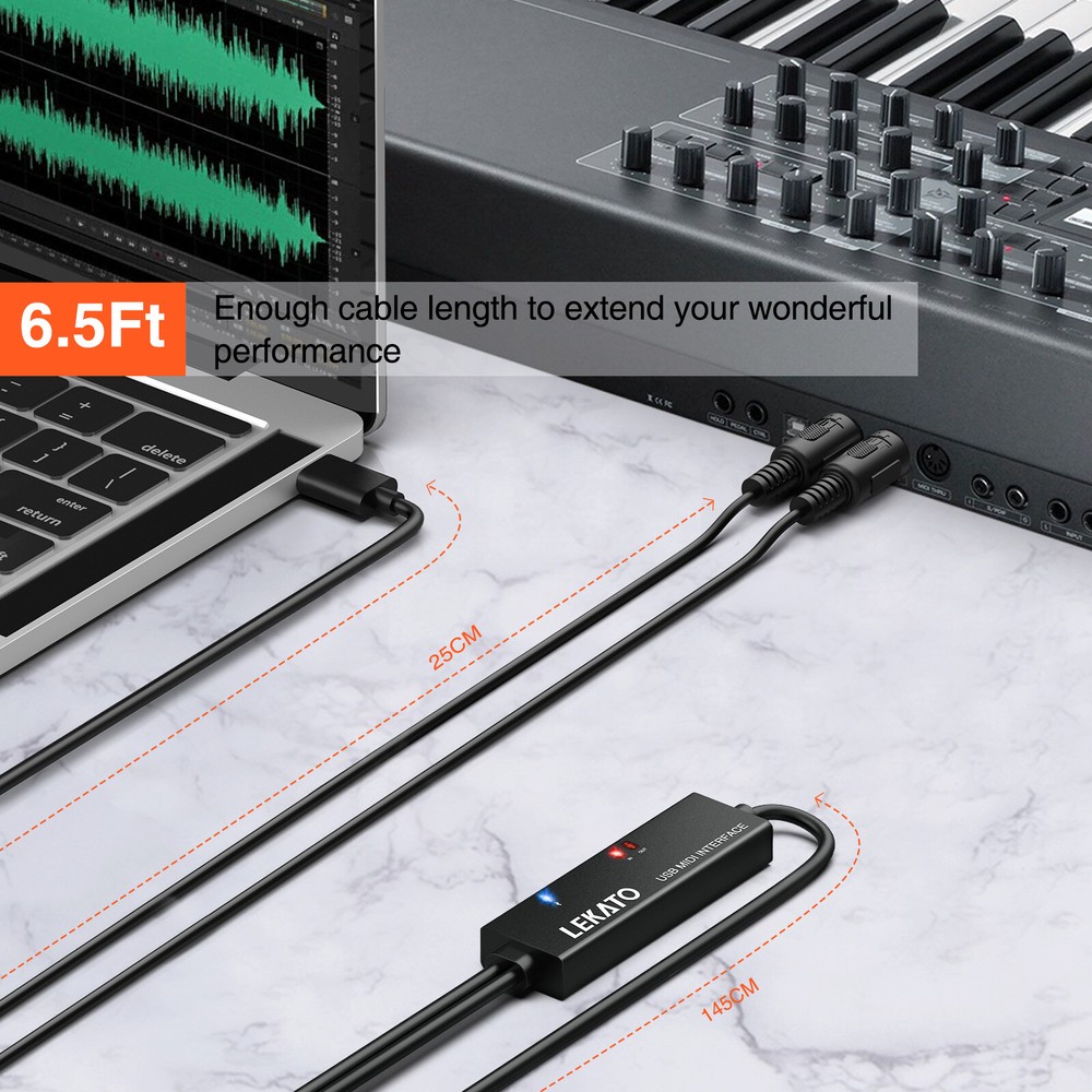LEKATO 6.5ft MIDI Cable MIDI to USB C Type-C Led Indicator with Input & Output