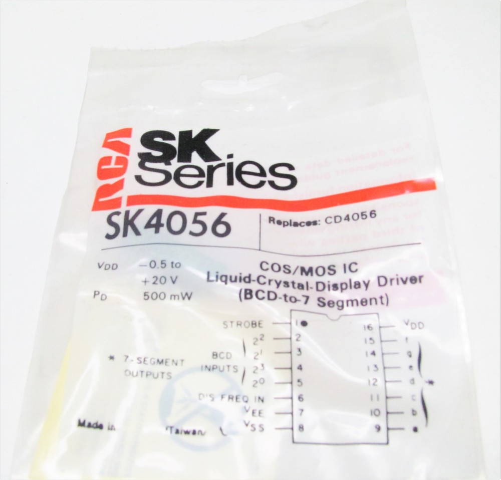 RCA SK4056 - BCD to 7-Segment Decoder/Driver CMOS 16-Lead DIP IC, NOS NTE4056B