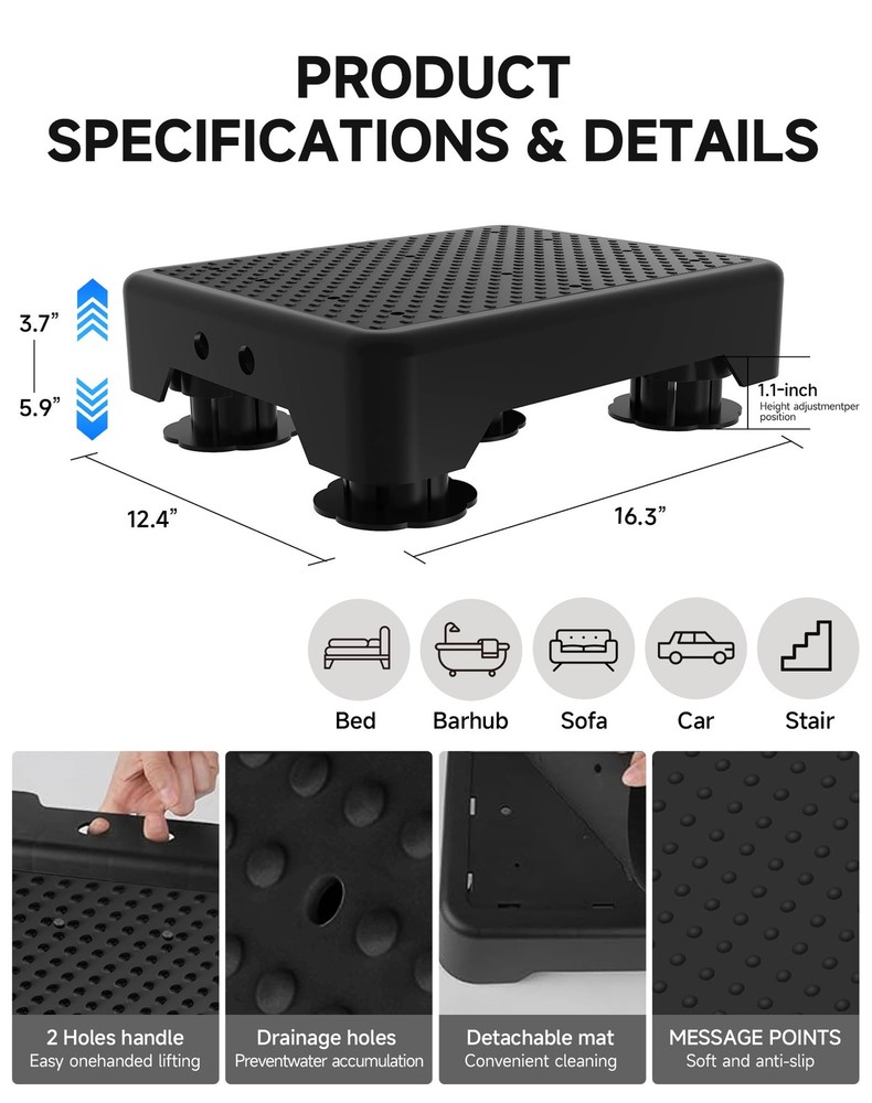 Adjustable Step Stool for Adults, Bed Step Stools, 600 LBS Capacity Safety Wi...