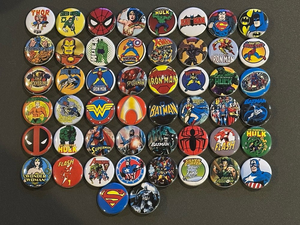 Assorted Super Hero's Buttons /  Pins Set Of 50