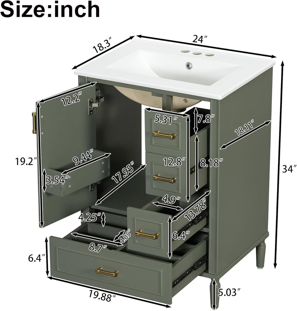 Bathroom Vanity with Sink, Modern 24-Inch Bathroom Vanity with Ceramic Sink, Sof