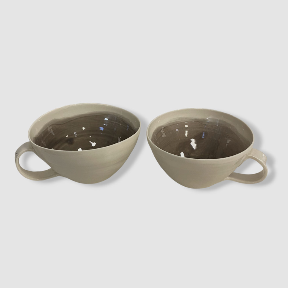$105 Beige Gray Melamine Handmade Tea Cups 2-Pc Set