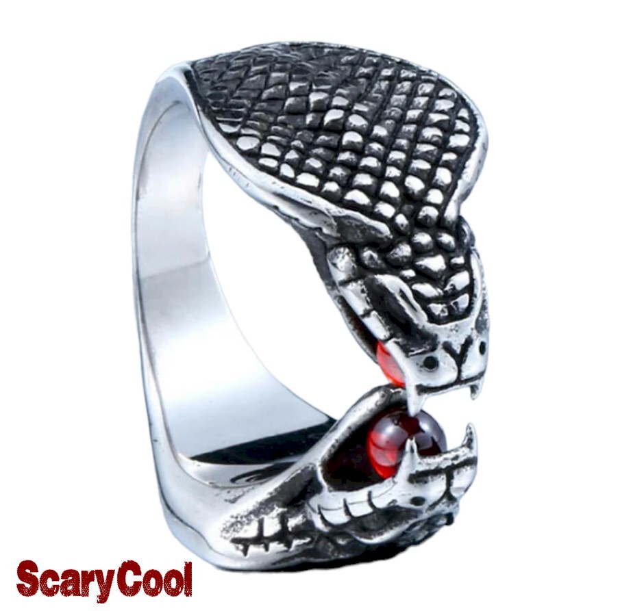 New King Cobra Snake Silver Two Headed Mens Gothic Biker Ring