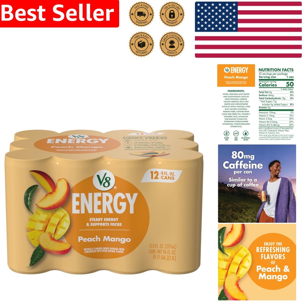 Refreshing Peach Mango Energy 12-Pack - 80mg Caffeine, Low-Calorie & Nutritious