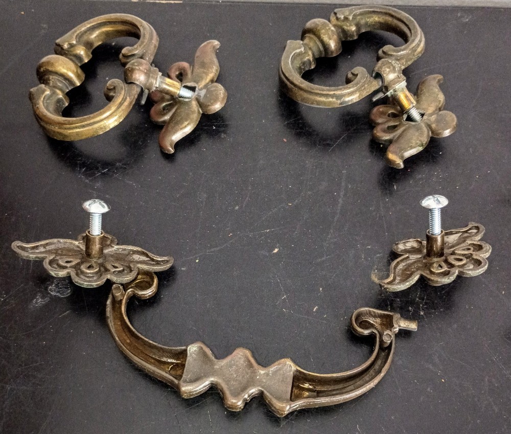 4 Vintage original, Brass Drawer Pulls, 2 inch CTC. Used, complete, VGC