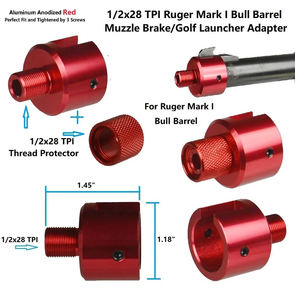 Silver,Gold,Red,Ruger .22 Mark I 1/2x28 TPI Muzzle Adapter+Thread Protector,Bull