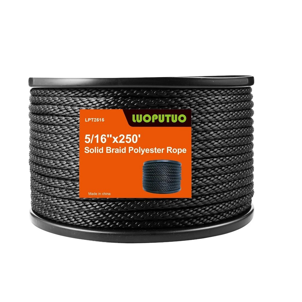 5/16 INCH 250 FT Black Polyester Solid Braid Rope-Ideal for Indoor and Outdoor
