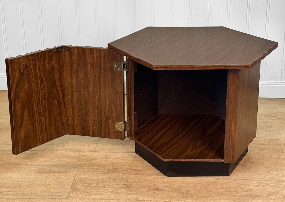 Mid-Century Hexagonal Walnut & Black Laminated Cocktail Table