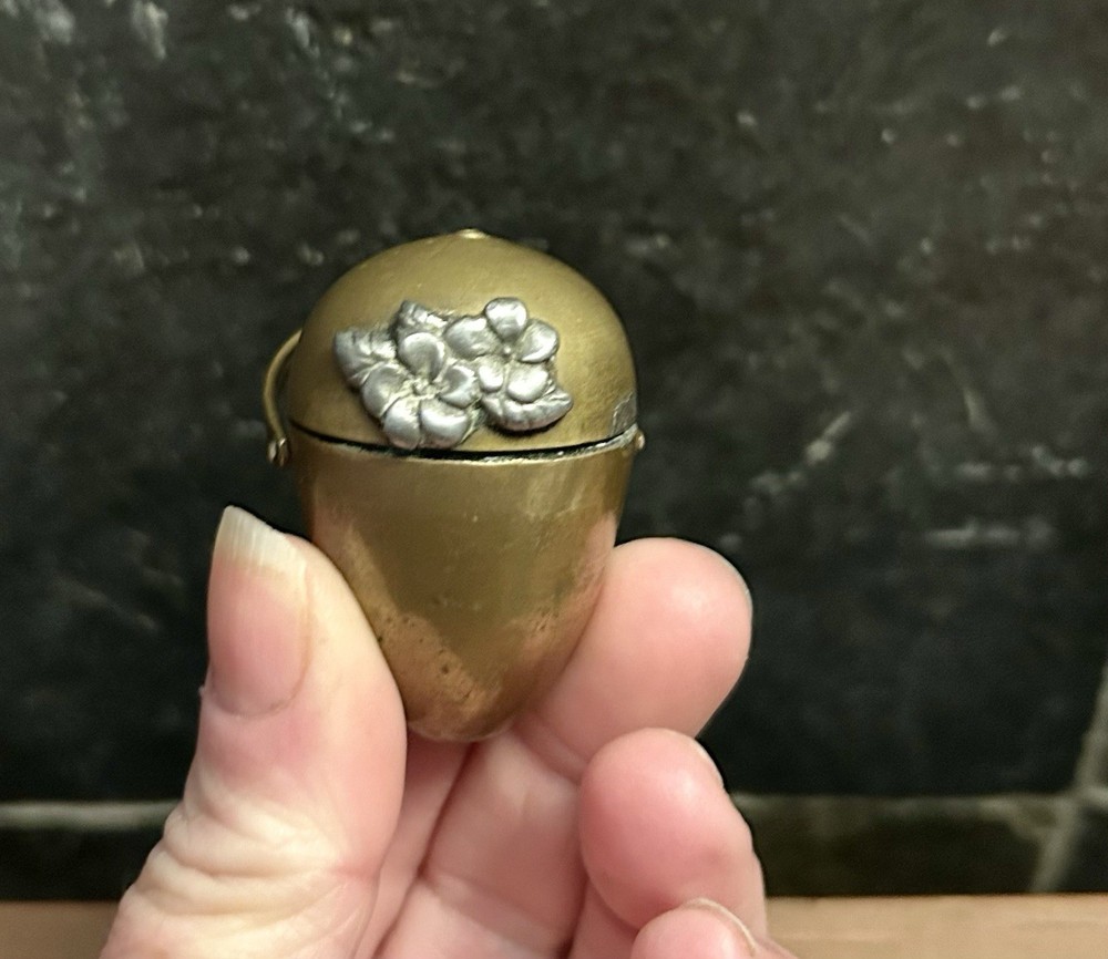 Victorian Brass Thimble Holder Sewing Egg 2" Silver Flowers Chatelaine 1880s