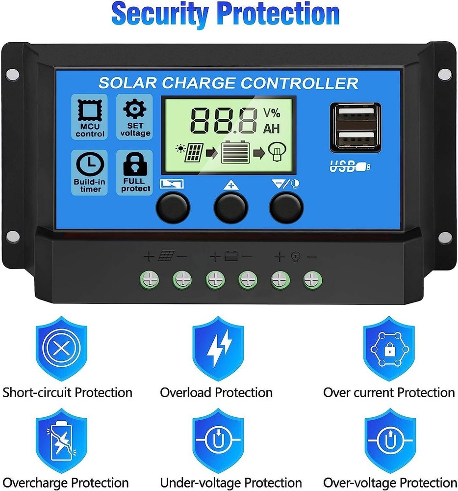 30A Solar Panel Battery Charge Controller 12V/24V LCD Regulator Auto Dual USB US