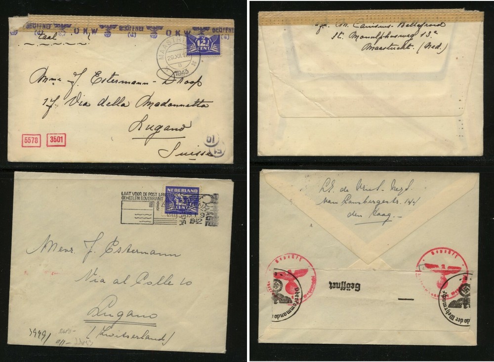 Netherlands  2 different  German censor tape covers  to  Switzerland    MS0410