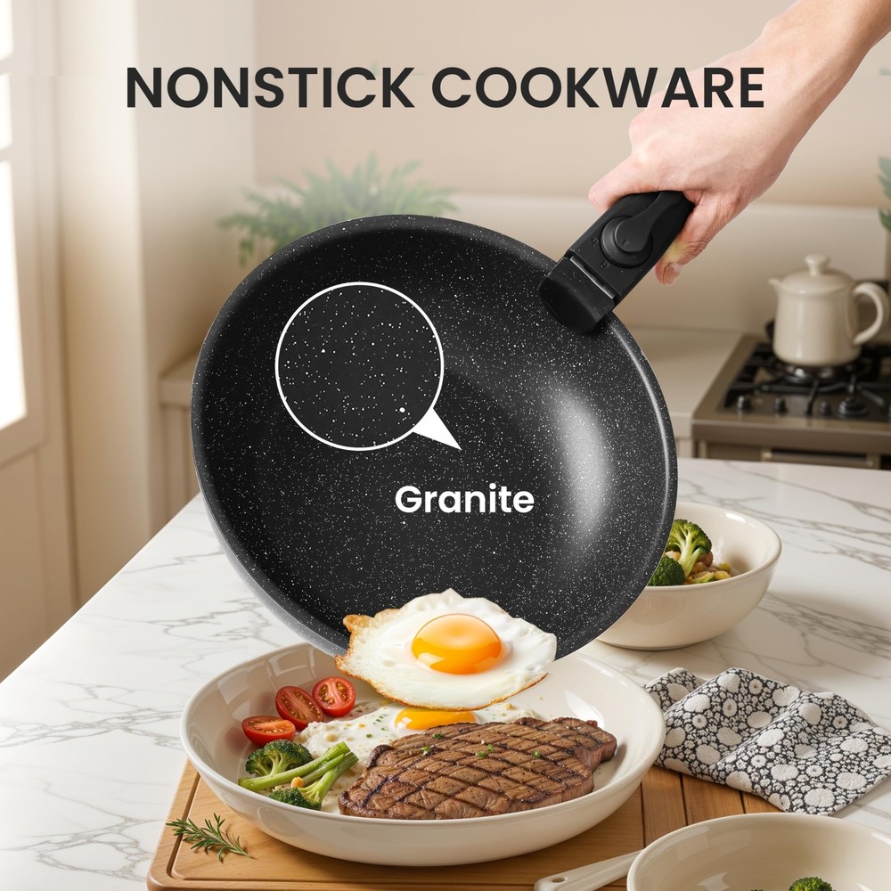 Black Granite Nonstick Cookware Set - 10-Piece, Induction Ready
