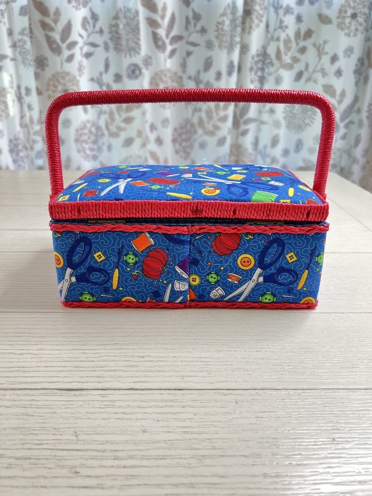 Sewing Basket Fabric Covered  Red Trim And Handle