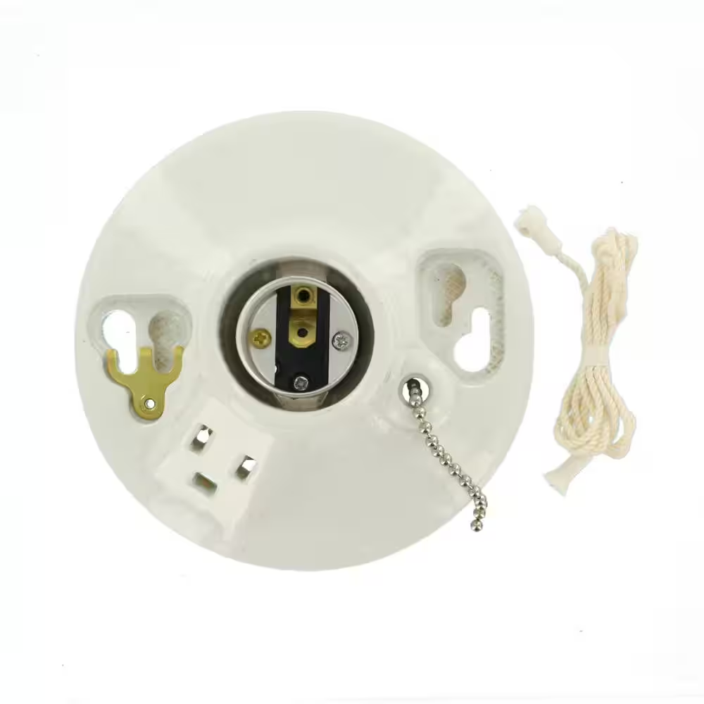 Glazed Porcelain Lamp Holder with Pull Chain and Outlet - Convenient Lighting