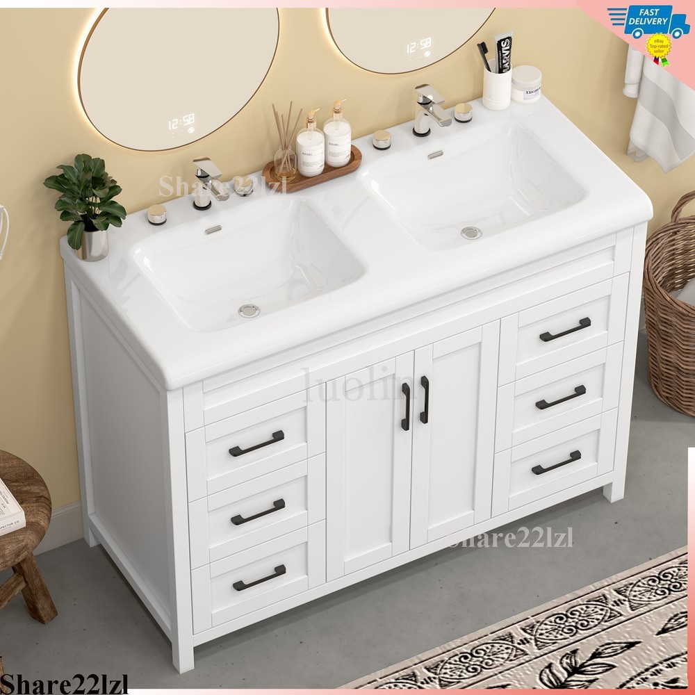 47" Bathroom Vanity Set with Double Ceramic Sinks Artificial Marble Countertop