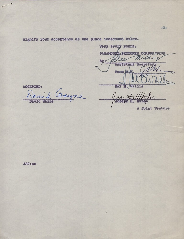 DAVID WAYNE - DOCUMENT SIGNED 03/07/1957 WITH CO-SIGNERS