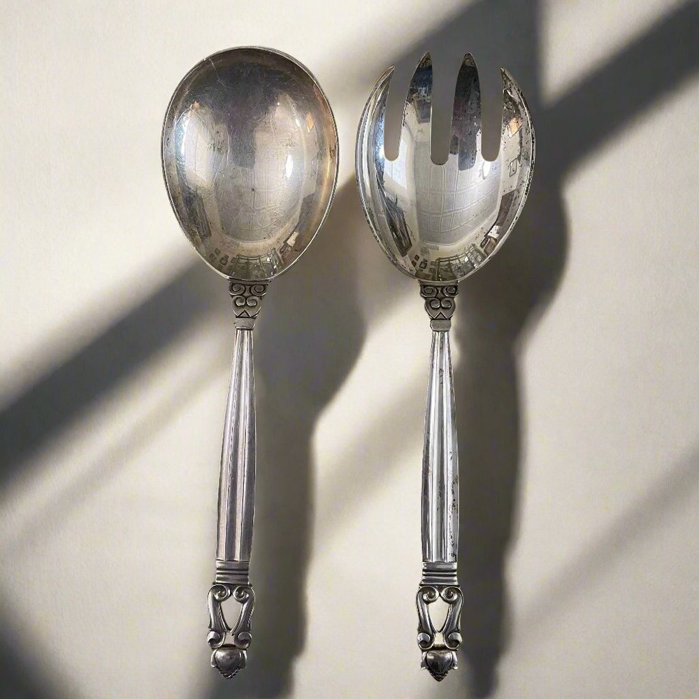 Georg Jensen Acorn Sterling Salad Set Spoon Fork Set
