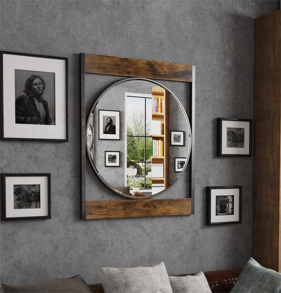 Rectangle Industrial Metal Wood Frame Wall Accent Mirror Wall Mounted Decorative