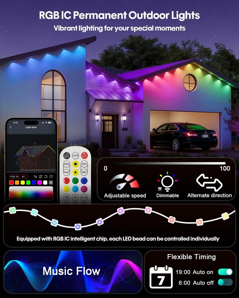 Permanent Outdoor Lights 100FT, RGB+IC Eave Lights with Remote APP Control, D...