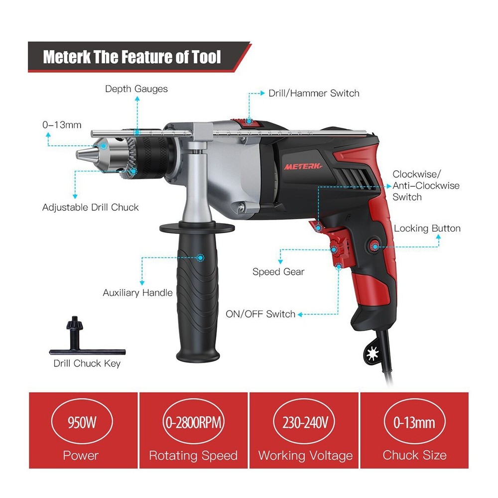 Hammer Drill 950W High Power Impact Drill Tool 13MM Keyed Chuck 17Variable Speed