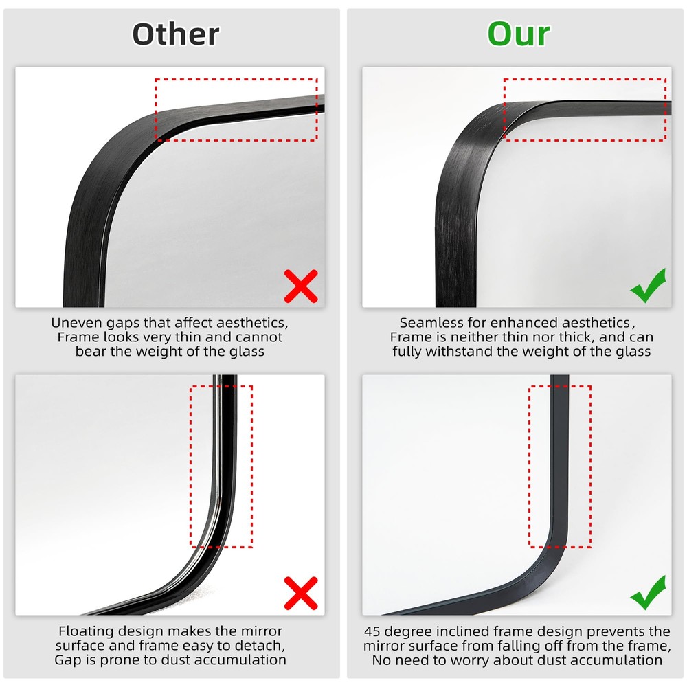 Wall Mount Mirror for Bathroom, Brush Black Metal Framed Rounded Corner Recta...