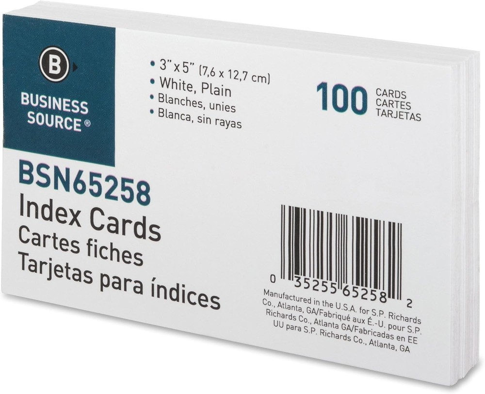 Durable 100 Count White Index Cards, 3" x 5" - Blank for Easy Customization