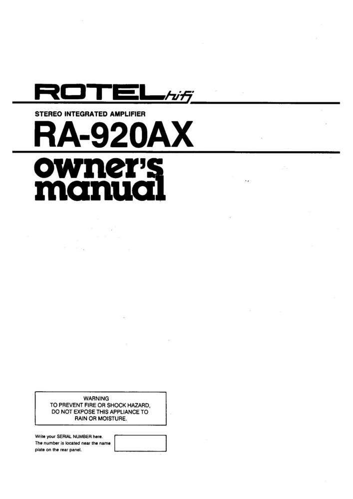 Rotel RA-920AX Amplifier Owners Manual
