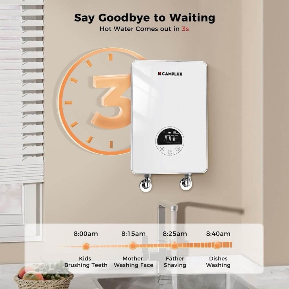 Camplux 4.5Kw Electric Tankless Water Heater Instant Hot Water, Led Display TE05