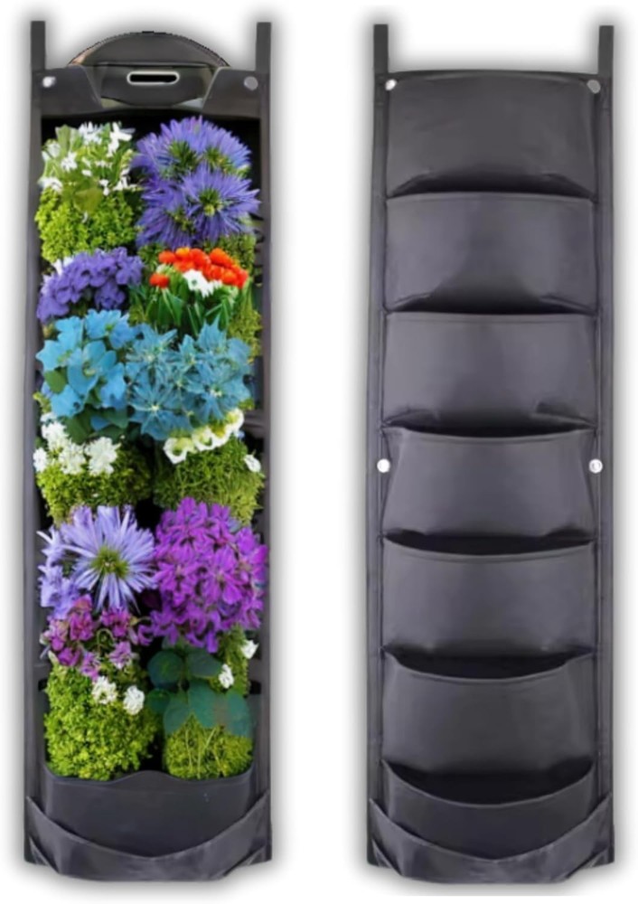Fence Planters Wall for Outdoors Plants Vertical 7 Pockets, Black