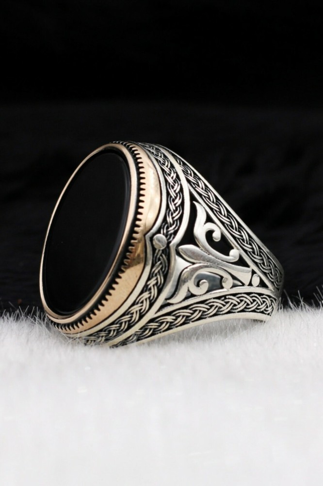 Turkish Oval Flat Onyx Stone Solid 925 Sterling Silver Men Ring